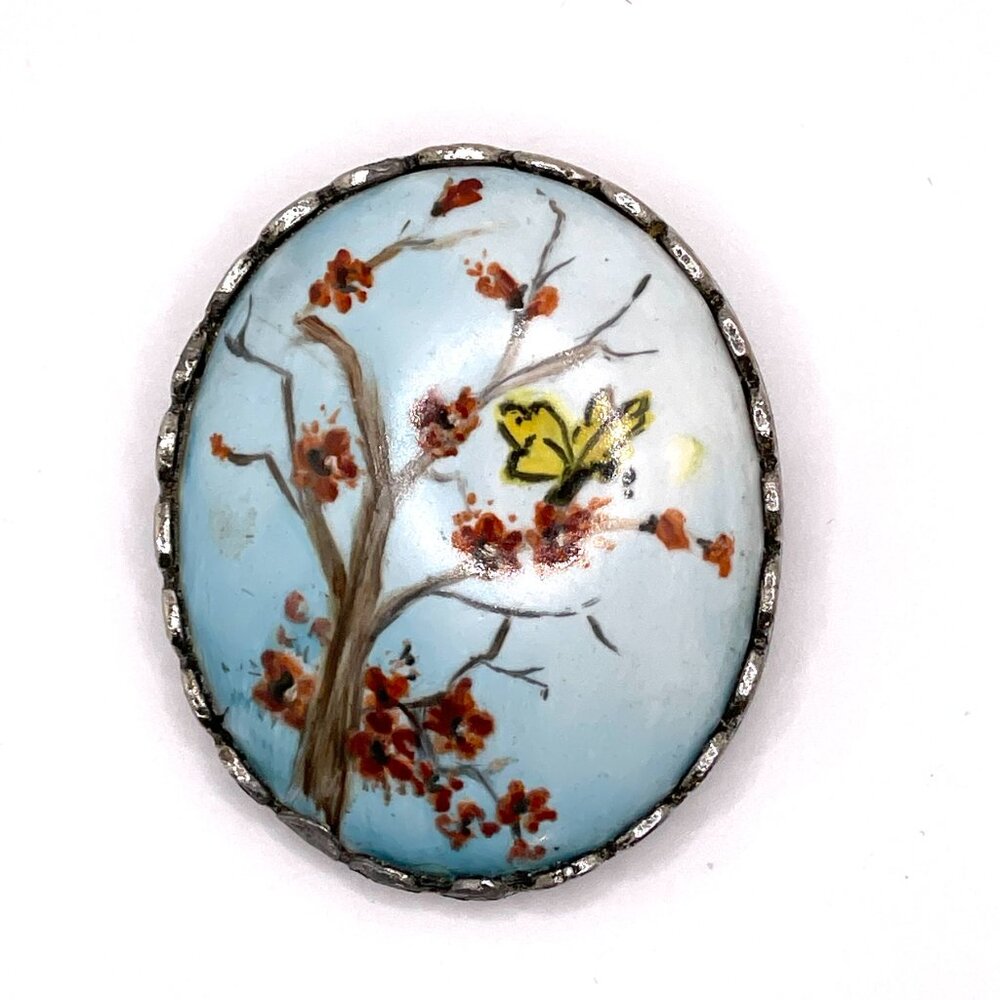 Vintage Porcelain Cherry Blossoms Bezel Set Pin Brooch
